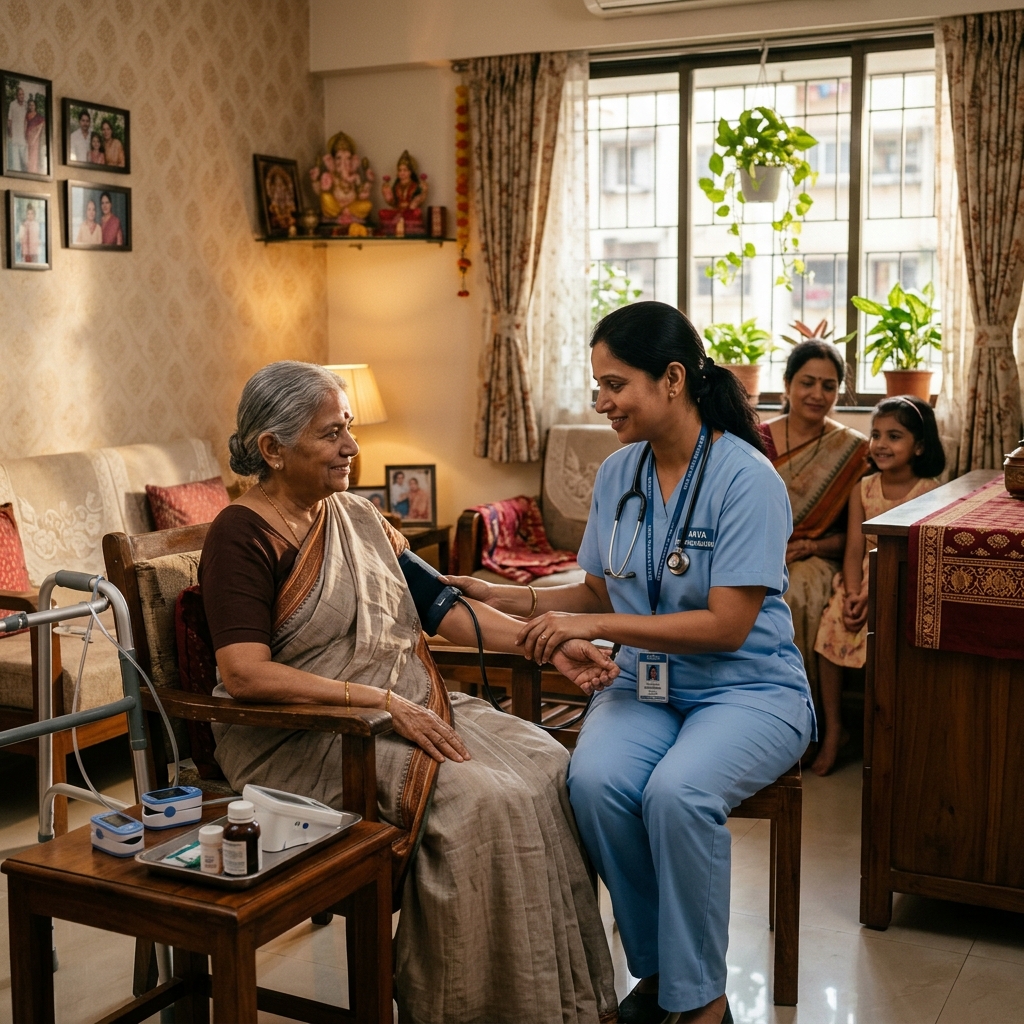 Professional home nurse providing care to elderly patient at home in Dehradun